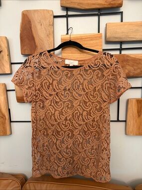 LOFT Rust Lace Short Sleeve Overlay Top